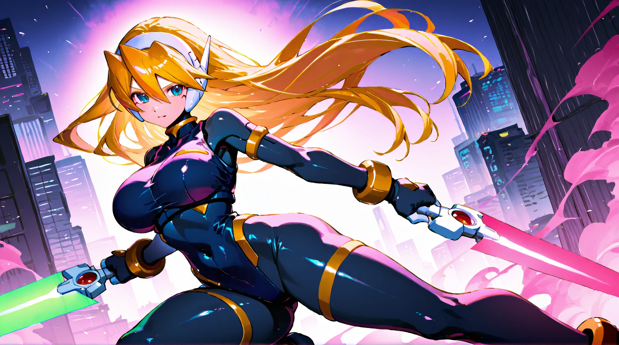 Robot woman, long yellow hair, blue eyes, Sunglasses