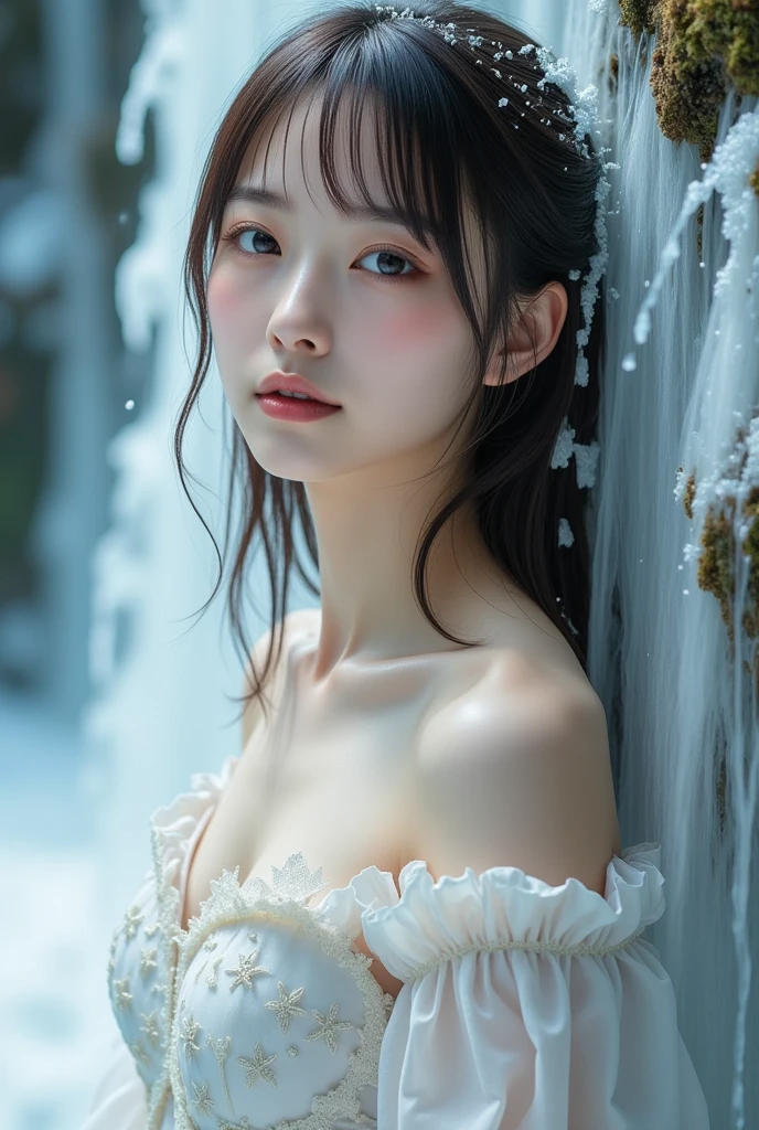 tmasterpiece、quality、ultra - detailed、Marilyn Takiocus Located on the thighs and above,Clear face,(Best quality at best), beauty girl:1.5、(fluffy off-shoulder dress style),long hair fluttering,Snowflake earrings、snowflakes falling、blurry、Snow World