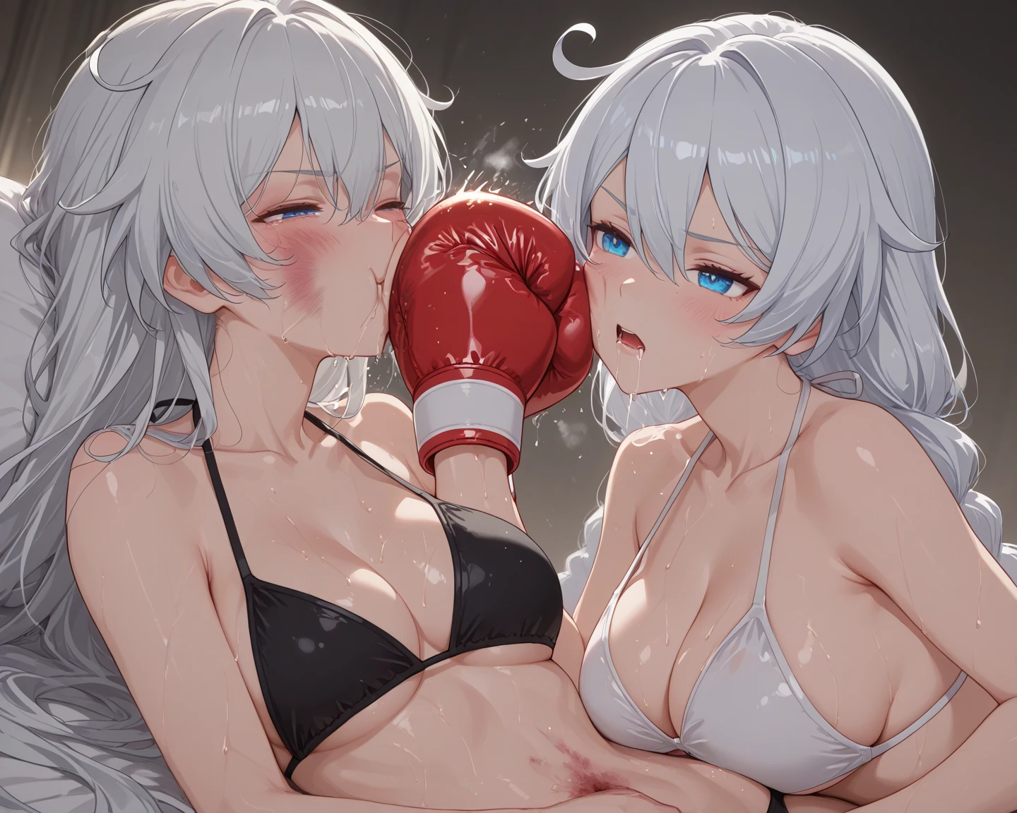 2girl,{Amiya(Arknights)}and{W(Arknights)}, artist:kazutake_hazano, artist:danimaru,[artist:ask_(askzy)], artist:wanke, artist:wlop, artist:fujiyama, artisit:yuyu_(yuyuworks),artist:hiten_(hitenkei),atrisit:dishwasher1910,{{bear hug }},look at another,boxing,on the boxing ring,2girls,huge breasts,{bikini},serious,tear,shiny skin,boxing gloves