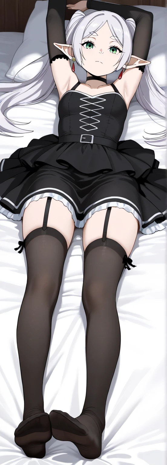 ((anime girl)),(official art),((Yurika Todo)),(Aikatsu!), smile, butterfly hair ornaments, butterfly earrings, green beautiful eyes, No sleeve, red nails, (masterpiece, highest quality, highest quality, official art, beautiful and aesthetic: 1.2), ((Light green hair, twin drill,high short twintail)),(((((blunt bangs))))),4K, hyper hd, white skin, baroque, Gothic Lolita, race, frills,elegant, Smooth anime CG art, movie lighting, vampire, bat wings, lure,(full body,dakimakura  illumination,on the bed、On your back、lying down、beautiful girl)