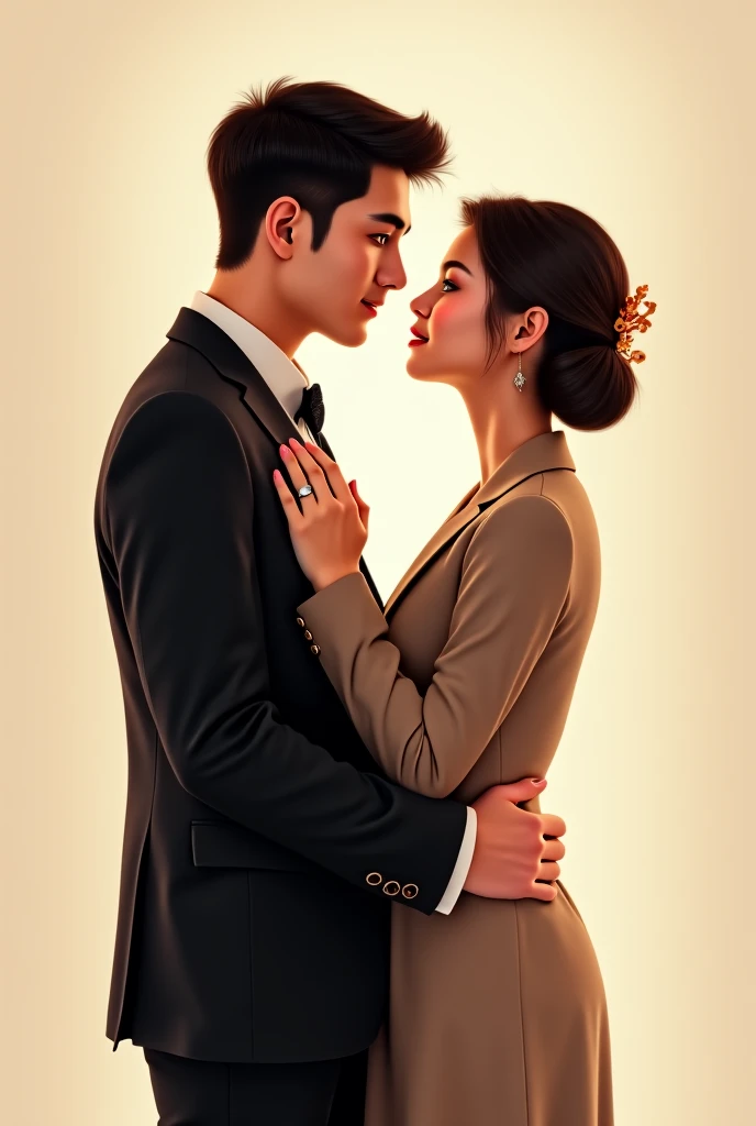 On the upscale luxury hotel wedding stage，A dozen friends and spectators next to the audience stood up and applauded，Couple in uniform，marriage，tongue kissing，Kiss，Hug together