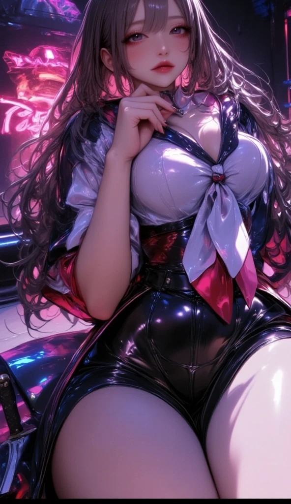 young and beautiful person,(Highest quality,Extremely detailed depiction,Incredible high resolution,Anatomically accurate depiction,Nice hands, Perfect Fingers,Curvy Legs),(Glowing Skin,Glowing Skin),(Very cute idol),(Cute idol costumes,Black leather jacket:1.3,Cute hairstyle,tights,Choker of Hearts,boots,Strong gloss,),eyelash,(bright pink eyes,There is cleavage in the chest,Captivating smile,Glossy Lips,Seductive gestures),Sweat,Laughing with your mouth open、dol Costumes、Knee-high socks、Beautiful big boobs、Live Stage、sing、Dancing、