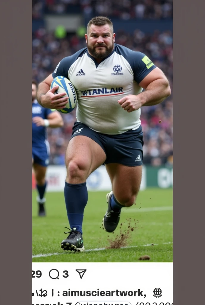 (8K, RAW photo, top-quality, masterpiece: 1.2), (cinematic lighting: 1.10),realistic, 24yo chubby beefy rugby player, muscle, full body, haka squat poised for action, determined expression, early morning, light from the front , handsome, cute, sharp focus, white shirt, white very short rugby shorts , tight shorts , pointed bulge in the crotch, huge testicles , very thick thigh, fat legs
(Wide angle: 24mm, aspect ratio: 16:9, -s2-upscale),
(Extraordinary detail: every vein, every muscle fibre clearly visible),
(rugby field ),
(Dynamic energy: