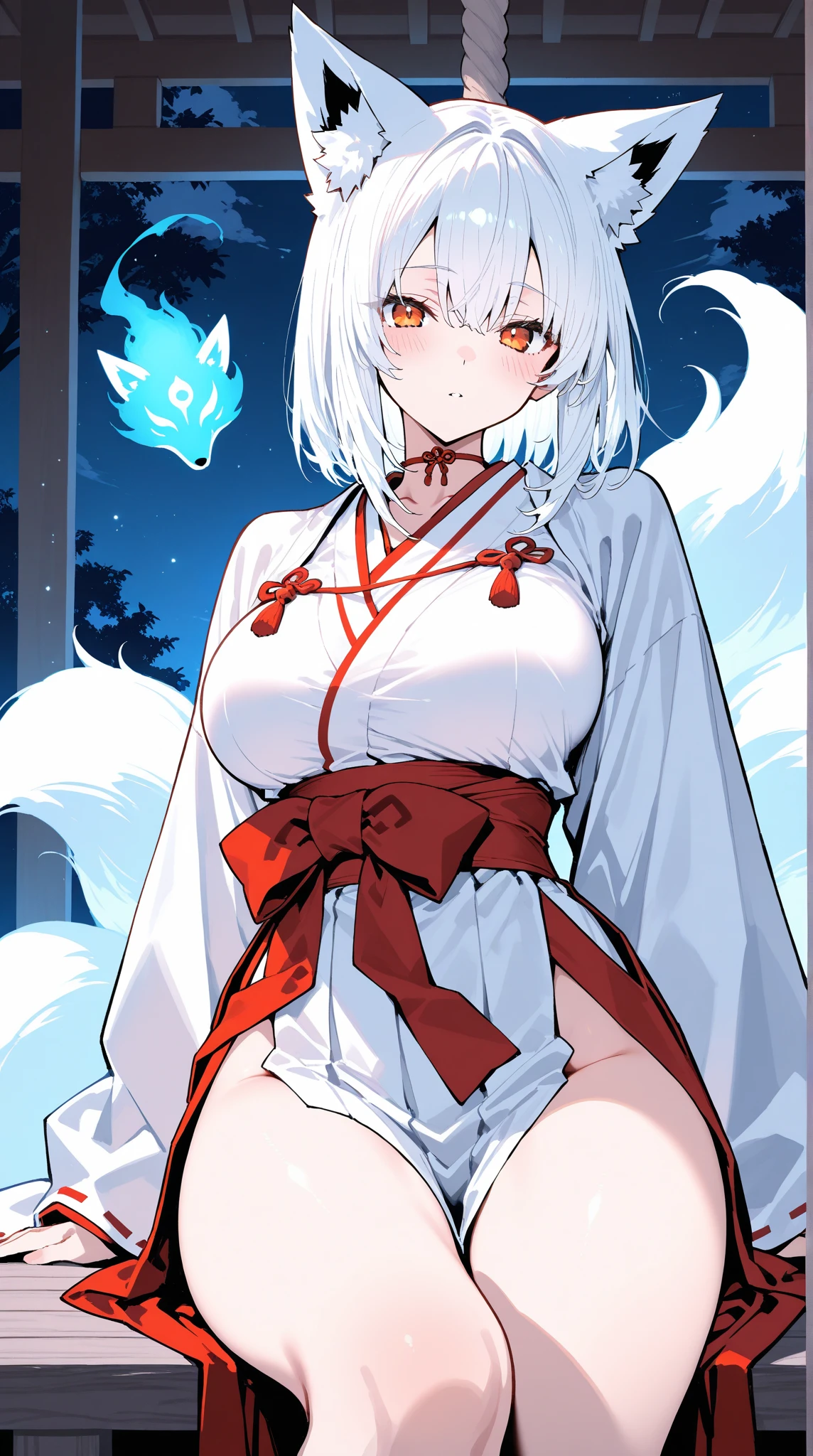 top quality, best quality, by ioenami88, High-quality illustrations, masterpiece)(kemono, furry anthro), round, 1 female, nine-tail fox, chubby body, fur, fluffy, flat chest, wide hips, tails, perfect eyes, blur sclera eyes, date kimono, bed, body movement, pregnant, red blushing, looking at viewer, spread legs,