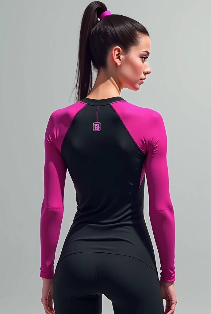 A woman in a black and pink suit and sunglasses, voltar - ver, Back view, Fato de ciclismo Nike, Backview, terno do corpo do apertado, neon edges on bottom of body, from the back, back view also, corpo perfeito, Awesome, curvy accentuated booty, Invested Equity, big booty, Back from Toned, Awesome, Cemtura multa, roupas esportivas, em detalhe, view of the back, Rear view, high level body suit, tiro traseiro, roupas esportivas, rear facing