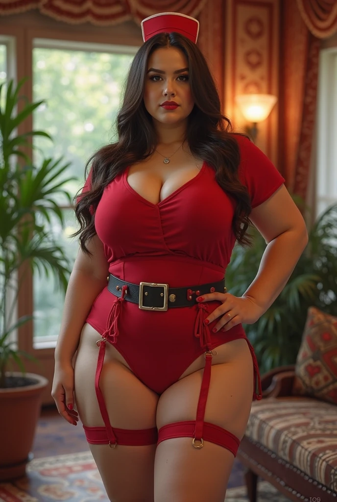 Full body shot of a beautiful long-haired brunette with a thick curvy tall body with huge breasts and long legs. Wearing a skimpy Blaze Fielding from Streets of Rage outfit for Halloween. Wearing a red spaghetti strap tank top and a short red miniskirt with a black police utility belt. Wearing red high heels. Answering the door of her home with a bowl of candy.