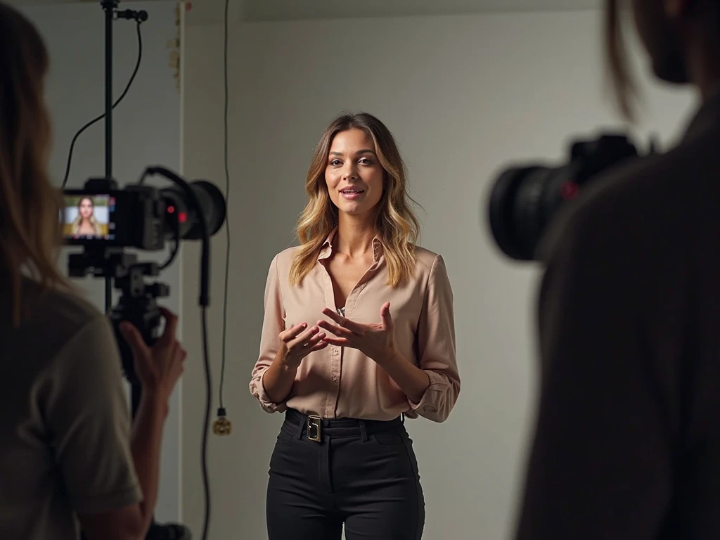 A happy lady in her early 20's who is working in YouTube channel, but she is dressed perfectly 