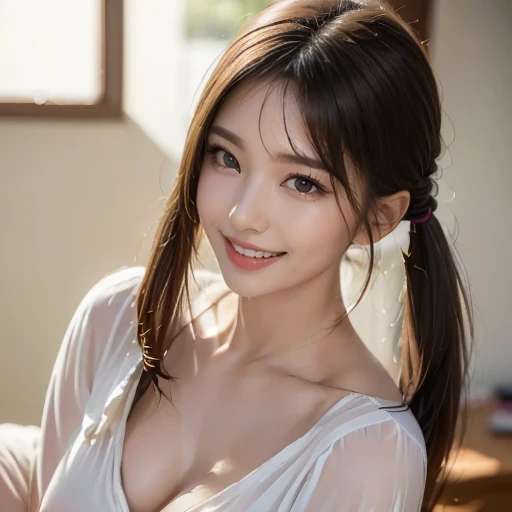 (Best Quality), (masutepiece), (High resolution), (Intricate details:0.2),(Professional Lighting), undergarment, Detailed background,off shoulders, (Previous view), 1girl in, Solo, (Beautiful face), Slim body, Fine skin, a smile, brown hair in a ponytail, Beautiful eyes, look at at viewer,