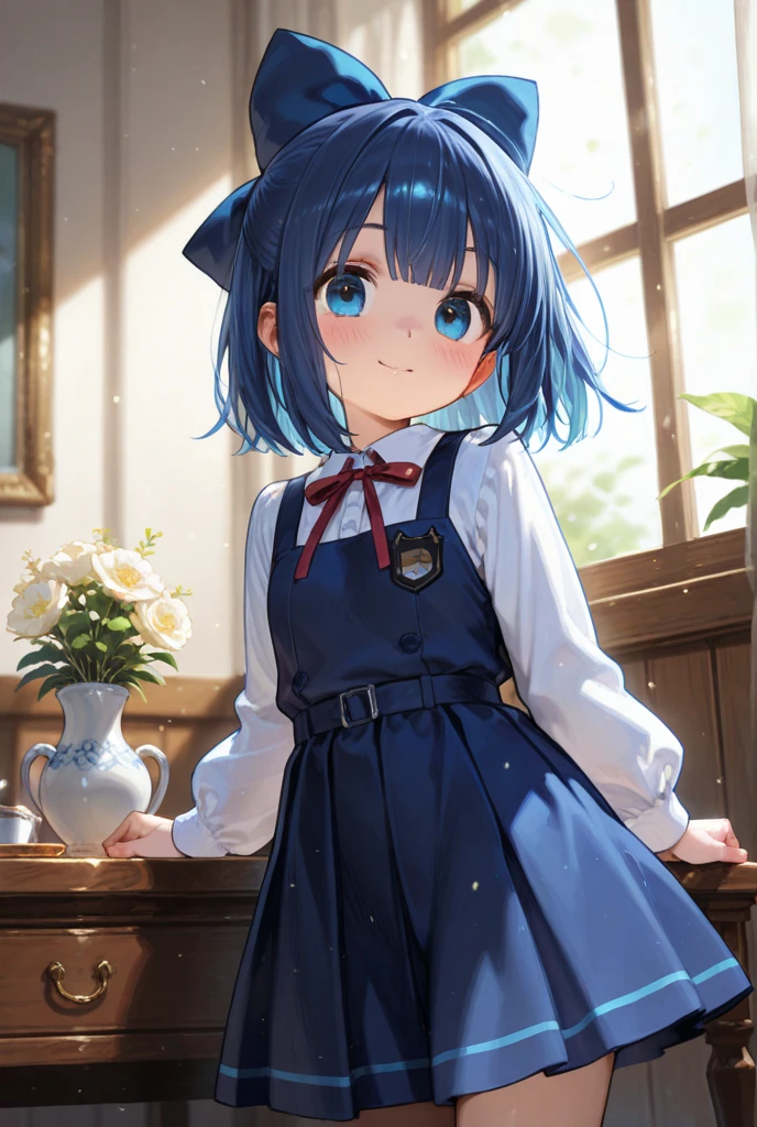(8K, best quality, master piece: 1.2), super high resolution,14yo,1 cute girl,ultra-detailed face,detailed eyes,Side undercut,blue hair,Petal collar white blouse,Brown skirt with tartan check pattern,Running hand through hair,Shy,smile,Professional Lighting,indoors Laundry Room