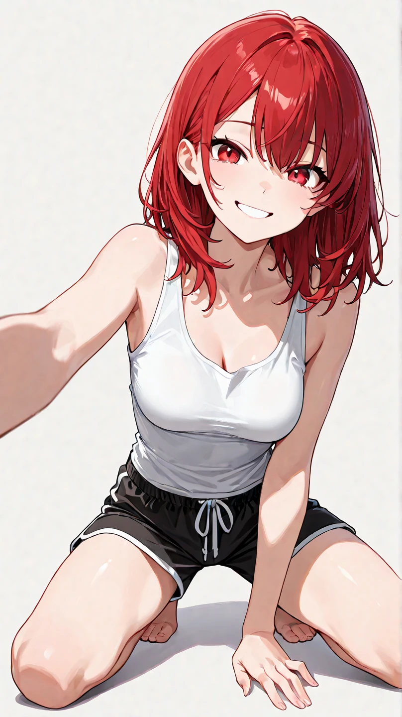 ((High Quality image 10k)) (( perfect autonomy)) Masterpiece, solo girl, brown eyes, red hair, wearing sleeveless black shirt, blue jean shorts, shorts are falling down, cute panties, sexy panties, evil smug grin, Standing, in the park