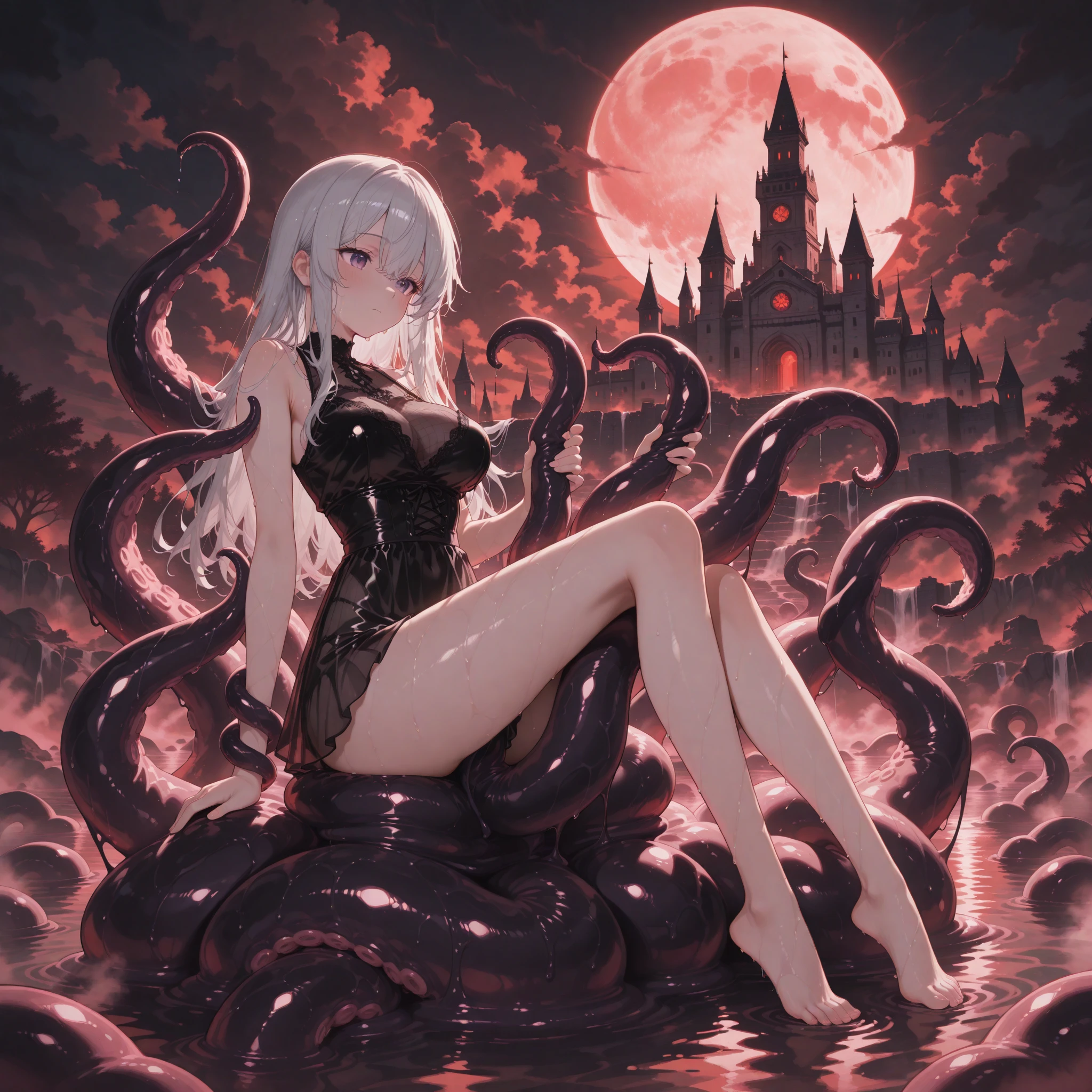 A beautiful anime-style girl with short orange hair,(((detailed)))Yellow Eyes,Transparent hair,Bright Face,smile,Delightful beautiful girl,(((detailed)))A beautiful girl with a well-balanced and glamorous body,Lori,Big Breasts,(((detailed)))A beautiful immoral girl wearing a provocative purple and red bikini,Pale skin,(((detailed)))Full Body Shot,octopus,Countless tentacles wrapping around the body,Tentacles that wrap around hands, feet, etc.,(((detailed)))fog,Red Moon,Mysterious Flower,Lake of Darkness。