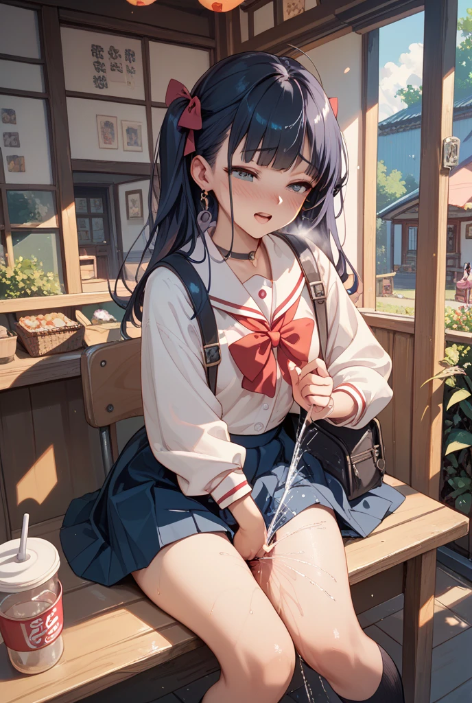 Perfect human body,1 girl, (very highly detailed background,the street), 鎖骨,Sleeveless sailor suit,Bow knot,Low-rise miniskirt,semi transparent,(White stockings),((woman with fever)), ((perspired,Steaming,college aged))), Colossal titpression of color)), (blush blush:1.2),