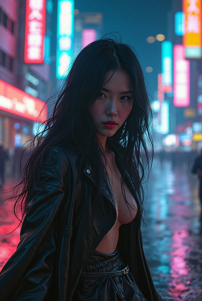 "Illustrate Akali from League of Legends by Riot Games in her True Damage skin, no having clothes,featuring her edgy, futuristic outfit with urban vibes and high-tech accessories, having massive k-cups:1.55. She's rapping in an urban setting with neon lights and graffiti-covered walls, in an attractive pose with a fierce, determined look."