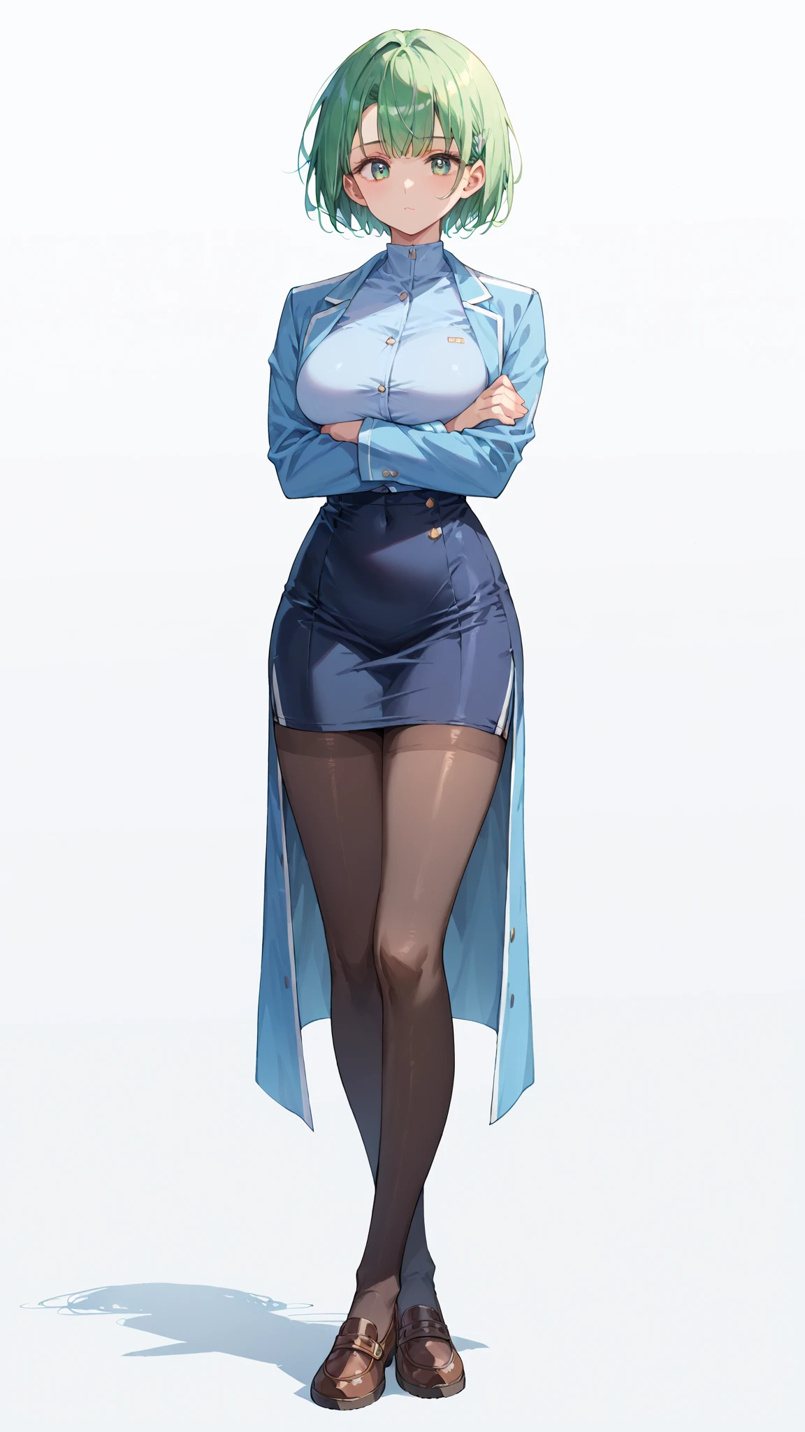 digital comic art, highly detailed, standing pose, feminine features, mature woman, adult female, whole body, bald, form-fitting, revealing neckline, blazer, V-neck blouse, long skirt with a side slit, shoes, 1woman, solo, upper body, lower body, ((Extremely Detailed)), ((Best Quality)), ((Masterpiece)), ((4k))
