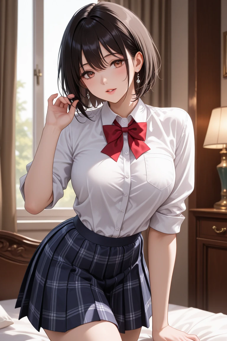 (round face), eyes with realistic sizing, drooping eyes, blush, sweat, shame, pleated skirt, ribbon, (standing close the table corner and straddling to hit her crotch against the corner of the table, self pleasure, smiling ), open mouth, braid,