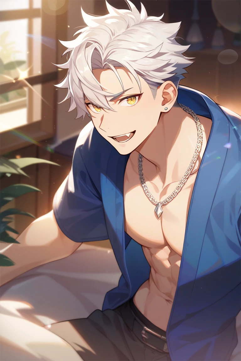 white haired boy in medium size, and Bicolor Eyes in Yellow and Blue. Make Him Tall Strong and Handsome With Body Tattoos, He Is Totally Naked and Excited in the Bath.