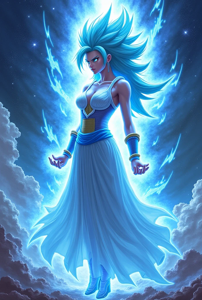 Dragon Ball Goddess stunningly beautiful woman with long, flowing hair that seems to shimmer with arcane energy. Her eyes glow with an otherworldly light, and intricate magical runes adorn her skin, pulsing softly with power. She wears a form-fitting attire that blends mystic symbols and modern elegance, reflecting her timeless nature.