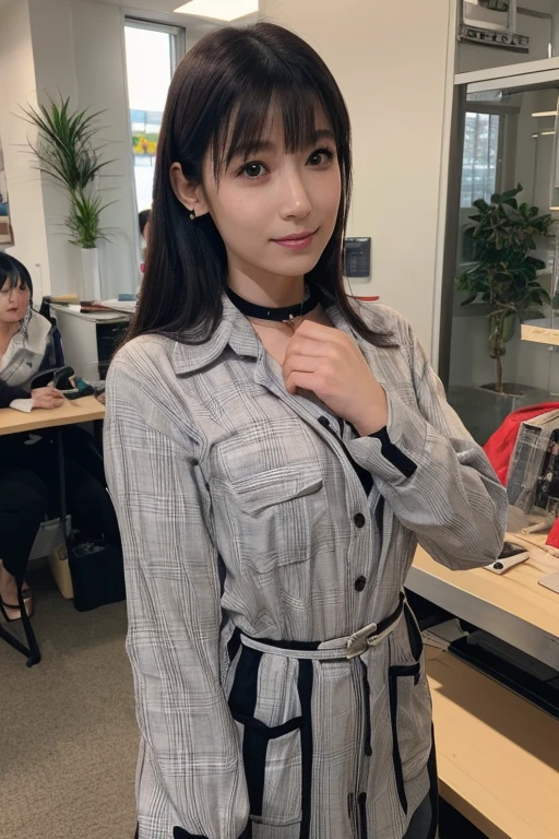 masutepiece, Best Quality, Illustration, Ultra-detailed, finely detail, hight resolution, 8K Wallpaper, Perfect dynamic composition, Beautiful detailed eyes, sexy underwear,Bob Hair, mid-chest, Natural Color Lip, Random and sexy poses,Smile,20 years girl、Colossal tits、s Office、Business Shirt、arms crossed in front of you、teats、Sunset view of Tokyo、Strict litigation