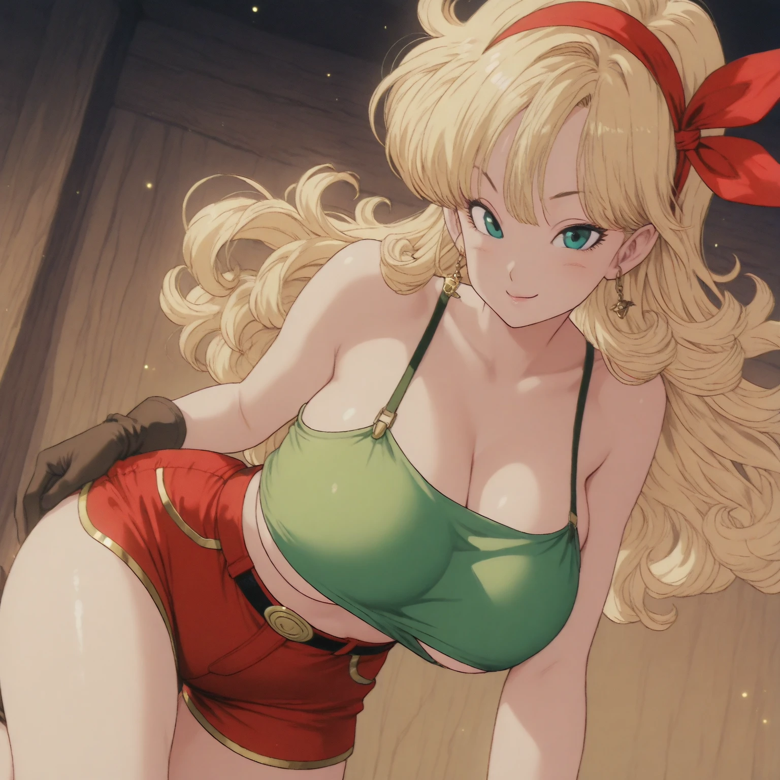 masterpiece, best quality, highest quality, photorealistic, perfect anatomy, perfect face, perfect eyes,
<lora:lunchdb_lora_01:0.9>
lunchdb-bad, 1girl, solo, blonde hair, angry, gloves, navel, fingerless gloves, blue eyes, midriff, smile, cleavage, long hair, green crop top, hairband, looking at viewer, yellow shorts, belt, cowboy shot, bare shoulders, collarbone, closed mouth, medium breasts, camisole, ribbon, standing, shirt, red hairband, stomach, red ribbon, lips, full body,
<lyco:GoodHands-beta2:1.0>