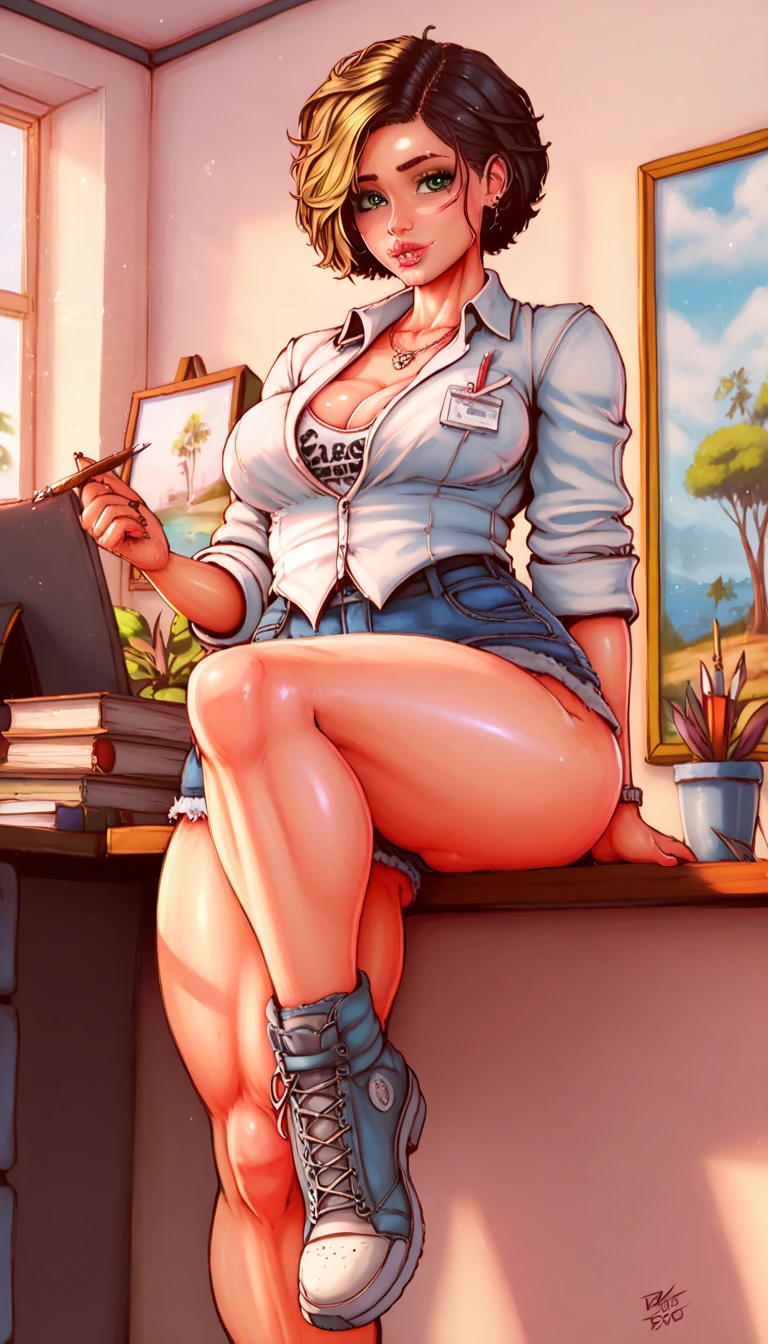 (best quality, masterpiece:1.2), illustration by artgerm and norman rockwell, attractive woman, perfect body, huge breasts, nice ass, hyperfeminine curves, cute and playful, emotive expression