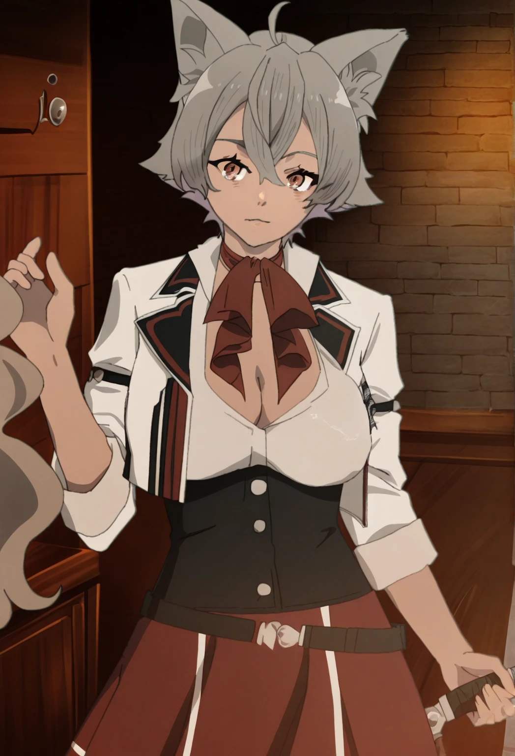 ((masterpiece, Highest quality, Absurd)), One person, Named Lineana, Large Breasts, Cat ear, Red eyes, Cat ear, Feline tail, Cleavage, Gray Hair, short hair, uniform, Short sleeve, White jacket, Red pleated skirt, Red Bow, Upper Body, indoor, View your viewers, Windows