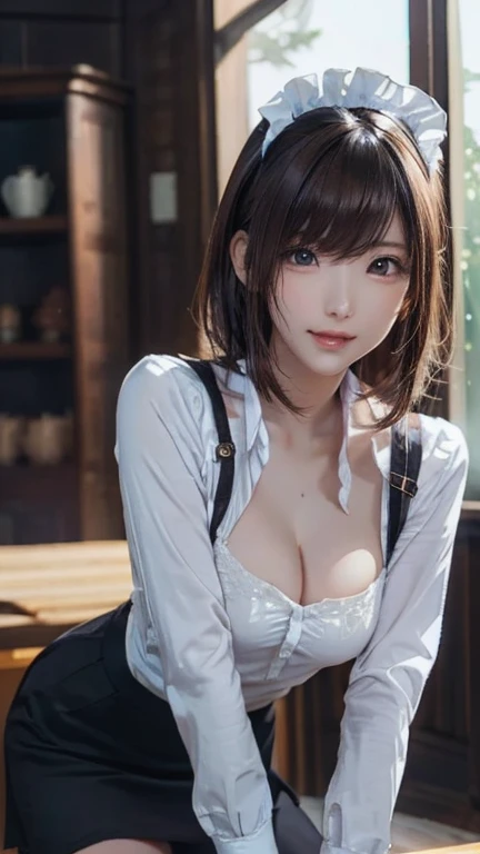 ((top-quality、8K、masterpiece:1.3)),Clear, Fine-grained skin、Beautiful clear eyes、cleavage of the breast、(Backshots:1.5)、Carefree and natural smile、(Medium bob,blondehair:1.5,)、(Hair disheveled in the wind:1.3)、(Cute maid with frills:1.5)、Beautiful girl with a smile、Citizen Pool、(thin-waist:1.3)、(Dynamic and provocative poses:1.2)、((NSFW))