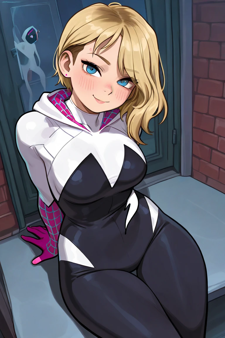 Gwen Stacy, hooded, santa hat, smile