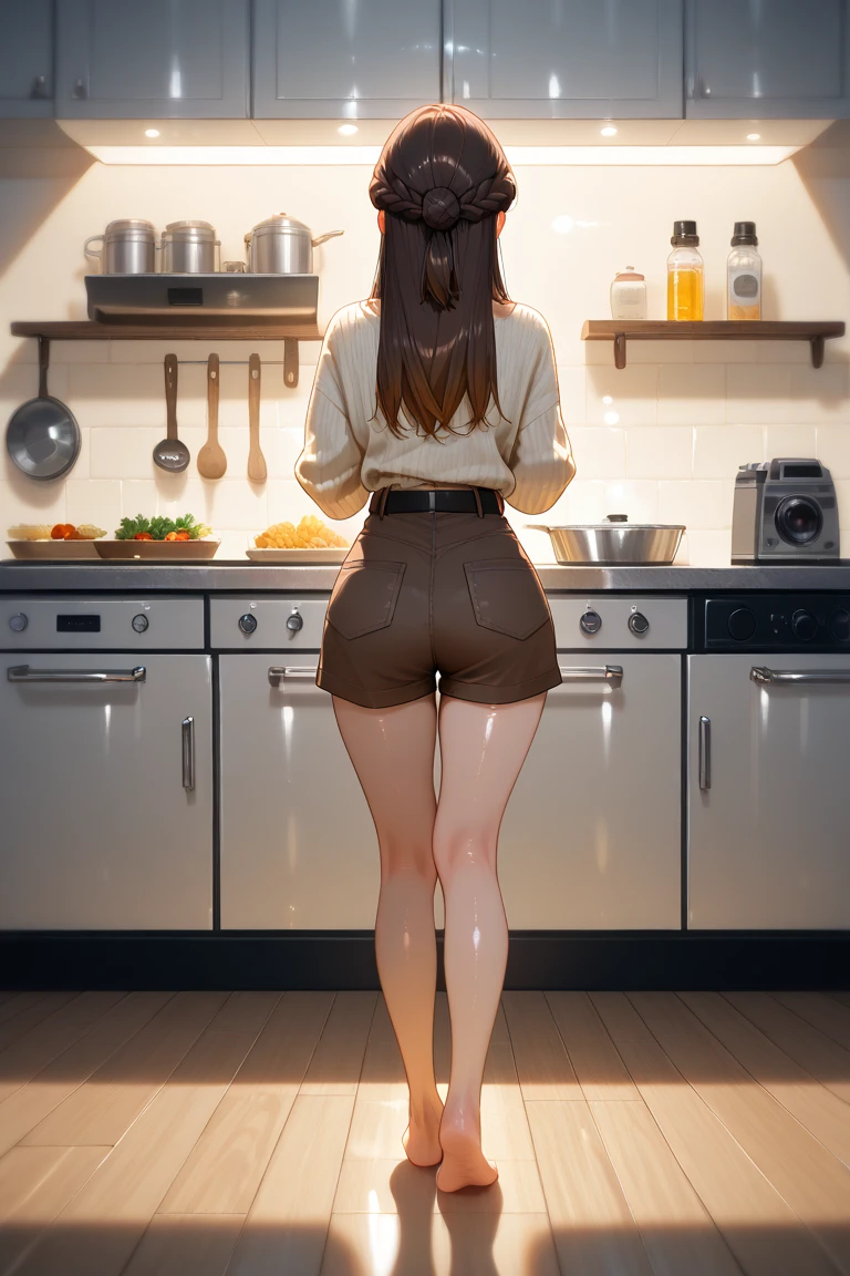 8K quality、High resolution、Realistic skin texture、High resolutionの瞳、Cafe owner with legs wide open、Shooting from behind、Rolled up hem、 hip,nudes,nude croRealistic female genitalia、slender、30 year old up ponytail、Small Ass、