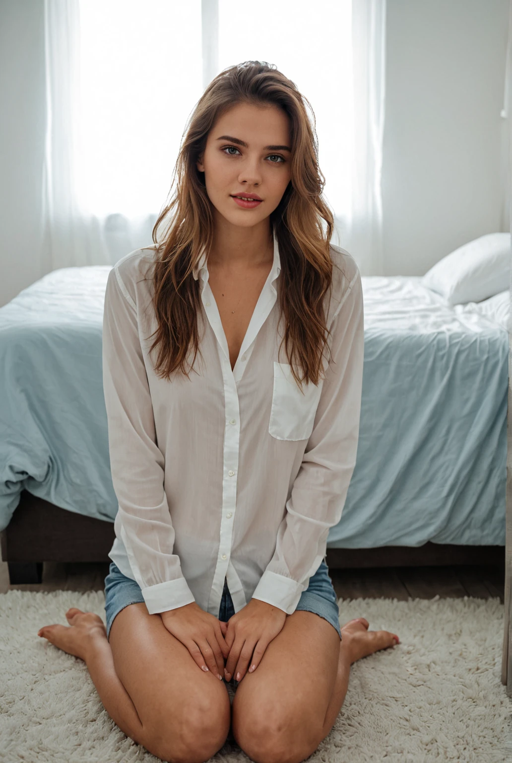 ultra-detailed,((nsfw)),1 10th generation female, ((full nude:1.4)),Penelope Cruz, thin jaw line, standing,((cowgirl position)),crouch, ((open legs:1.4)), ((on bed)), vagina, labia, clitoris,High quality 8K