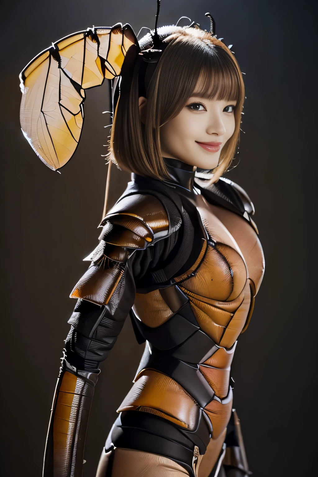 (high resolution,masterpiece,best quality,extremely detailed CG, anime, official art:1.4), realistic, photo, amazing fine details, all intricate, gloss and shiny,awesome many layers, 8k wall paper, 3d, sketch, kawaii, illustration,( solo:1.4), perfect female proportion,villainess, (fusion of dark brown cockroach and lady:1.4), (brown cockroach form lady:1.2), (brown cockroach lady:1.2), (fusion:1.2), (solo:1.4), (evil smile:1.2), muscular, abs, (cockroach brown exoskeleton bio insect suit:1.4), (cockroach brown exoskeleton bio insect armor:1.2), (brown transparency cockroach wing:1.4), (brown cockroach antennae:1.3),