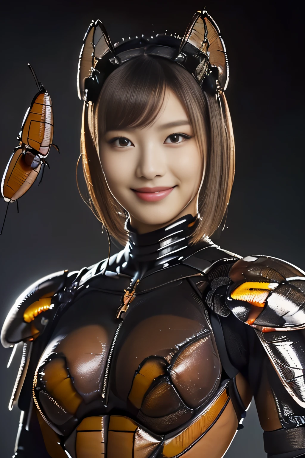 (high resolution,masterpiece,best quality,extremely detailed CG, anime, official art:1.4), realistic, photo, amazing fine details, all intricate, gloss and shiny,awesome many layers, 8k wall paper, 3d, sketch, kawaii, illustration,( solo:1.4), perfect female proportion,villainess, (fusion of dark brown cockroach and lady:1.4), (brown cockroach form lady:1.2), (brown cockroach lady:1.2), (fusion:1.2), (solo:1.4), (evil smile:1.2), muscular, abs, (cockroach brown exoskeleton bio insect suit:1.4), (cockroach brown exoskeleton bio insect armor:1.2), (brown transparency cockroach wing:1.4), (brown cockroach antennae:1.3),