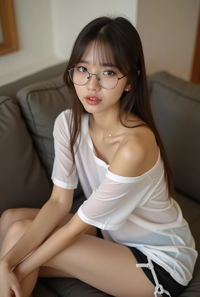 A joyful girl, 10 years old, beautiful face, with glasses, beautifulneyes, bedroom, skinny body, sexy body,  nude body, show her nipples, beautyful nipples, naked, open legs, show her wet vagina,  busty breast, wet  pussy, open legs