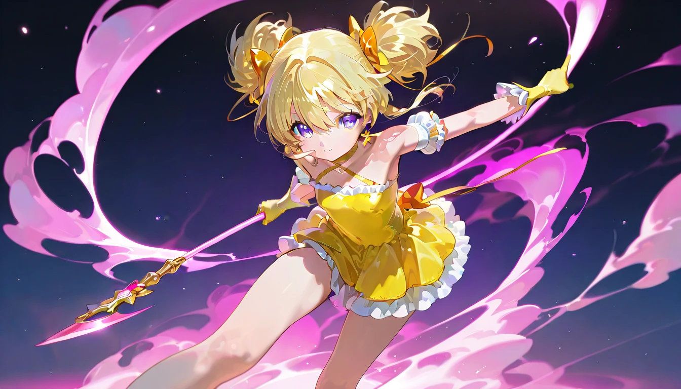 (((CurePeace from Smile Pretty Cure,Browsing Caution,Cowboy Shot,Front shot))),(((Her clothes are designed to show her crotch,Costume with thigh skin visible,Her crotch is visible))),(Yellow Magical Girl Costume)+++,alone,Are standing,{{{{{{Tabletop,anime}}}}}},((((A face with attention to detail)))),{{{{最high quality}}}},{{It's all complicated}},Perfect composition, 8k, high quality, Sharp focus,デジタルanimeアート, Spread your legs Bitch Inviting ejaculation Ahegao