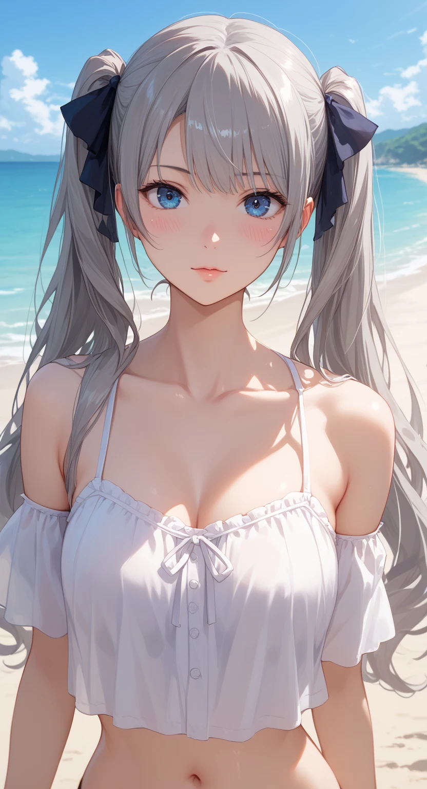 One Woman, Highest quality, masterpiece, Super Resolution, super high quality, Large Breasts, Idol, Beauty, ((From the front 1.2)), Cleavage, 8k, High resolution eyes, High-resolution contours, ((Forehead visible 1.3)), Stylish, High-resolution pupils, blush, High resolution face, High resolution breasts, Ultra HD, Open your mouth, Upper Body, High resolution mouth, Sexy body, ((coolな顔1.2)), ((Hanging 1.2)), Broken bangs, Blue Eyes, model, Mature Woman, Adult women, Beautiful clavicle, High resolution hair, Mother, maternal, Married Woman, couple, super beautiful, Charm, Alluring, Silver Hair, Textured skin, Textured Breasts, Micro Bikini, Underboob, Sideboob, Beach, sunset, cool, Adult face,
