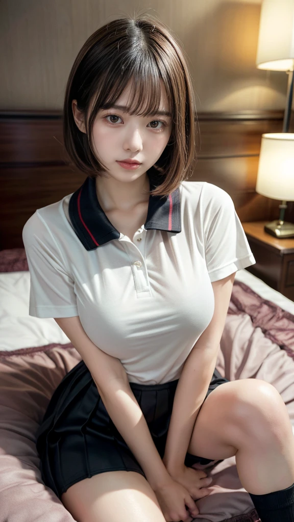 masterpiece, Best Quality, 8K, 20 yo, huge breasts, cuddly, Solo, sad, Cute, Girly, Delicate girl, Neat and clean beauty,  Raw photo, Professional Photography, Portrait, Soft light, Professional Lighting, Back lighting, Upper body, front view, (on all fours, hotel room), Sophisticated, Film grain, (Eyes and faces with detailed:1.0), short length floating hair, beautiful flowing hair, bangs, A tight polo shirt that expresses the roundness and softness of your chest., Colossal tits、Don't expose it,Protruding big, Erotic shorts, Standing Elegantly、beautiful thick legs