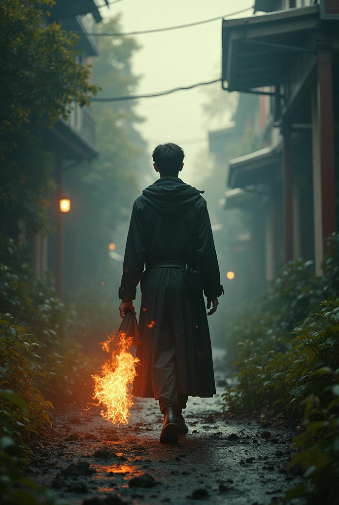 An American priest in a white collar, straight hair and Japanese eyes with a well-rounded face, short spiky hair, he holding a bottle of wine in the middle of a dark forest, fire in the head and realistic image, adult man in his thirties with a rounder face
