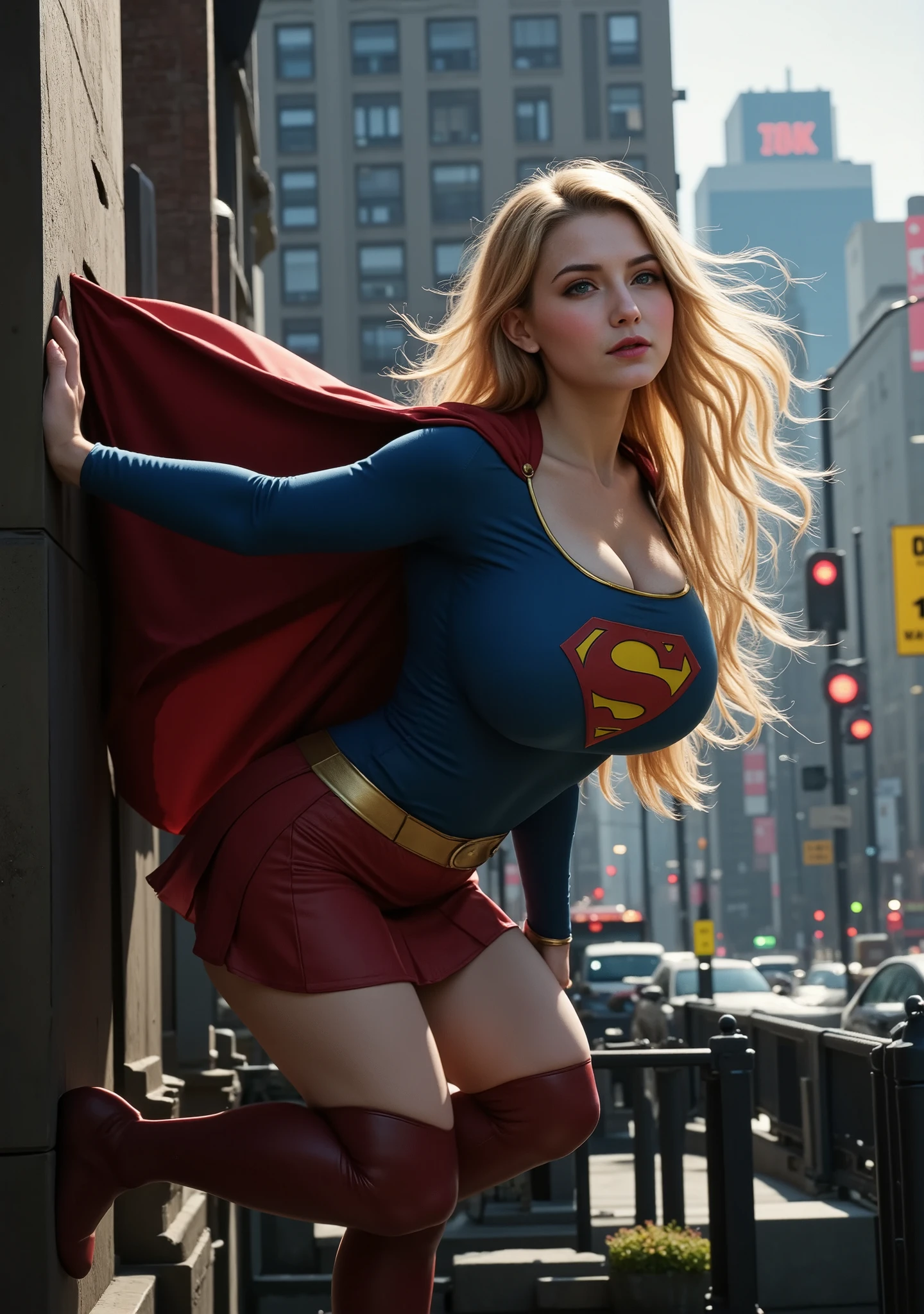 ((Realistic , photo-Realistic)), supergirl ((blonde hair, big breasts ,blue eyes)), superman suit clothes