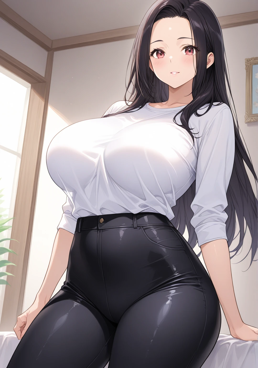(Ultra Masterpiece), Best quality, OverDetailed, Ultra-Detailed, Digital Art, Intricate Face, (18K++, HD+), (Absurdres), (Skindentation), (Best shadow), (Anime), big eyes, /(Hiyakasudere face)/, /(Hiyakasudere looks)/, (Perfect face)+, (seductive beauty)+, Plump Gyaru, Huge breasts, Very curvy, (dark hair), Long hair, Bracelets, Beautiful hairstyle, (amber eyes), Full lips, (face filled with happiness, playful expression), very cute, ((beautiful character design)), At home, ((Intricate Clothes)), Professional photo, (Toned legs, Thick thighs), Big breasts, Ray tracing, (Perfect face)+, Octane render, good looking shirt, sleeveless, ((brown) sleeveless shirt: 1.3), (cleavage), good-looking skirt, ((black) pants: 1.2), loose pants, At home, Huge breasts, (Shiny skin), (Very healthy body), 1 Female, (bold and assertive pose), (Very sexy+, Gorgeous woman++, young beautiful woman+), Facing the viewer, (Hiyakasudere)+