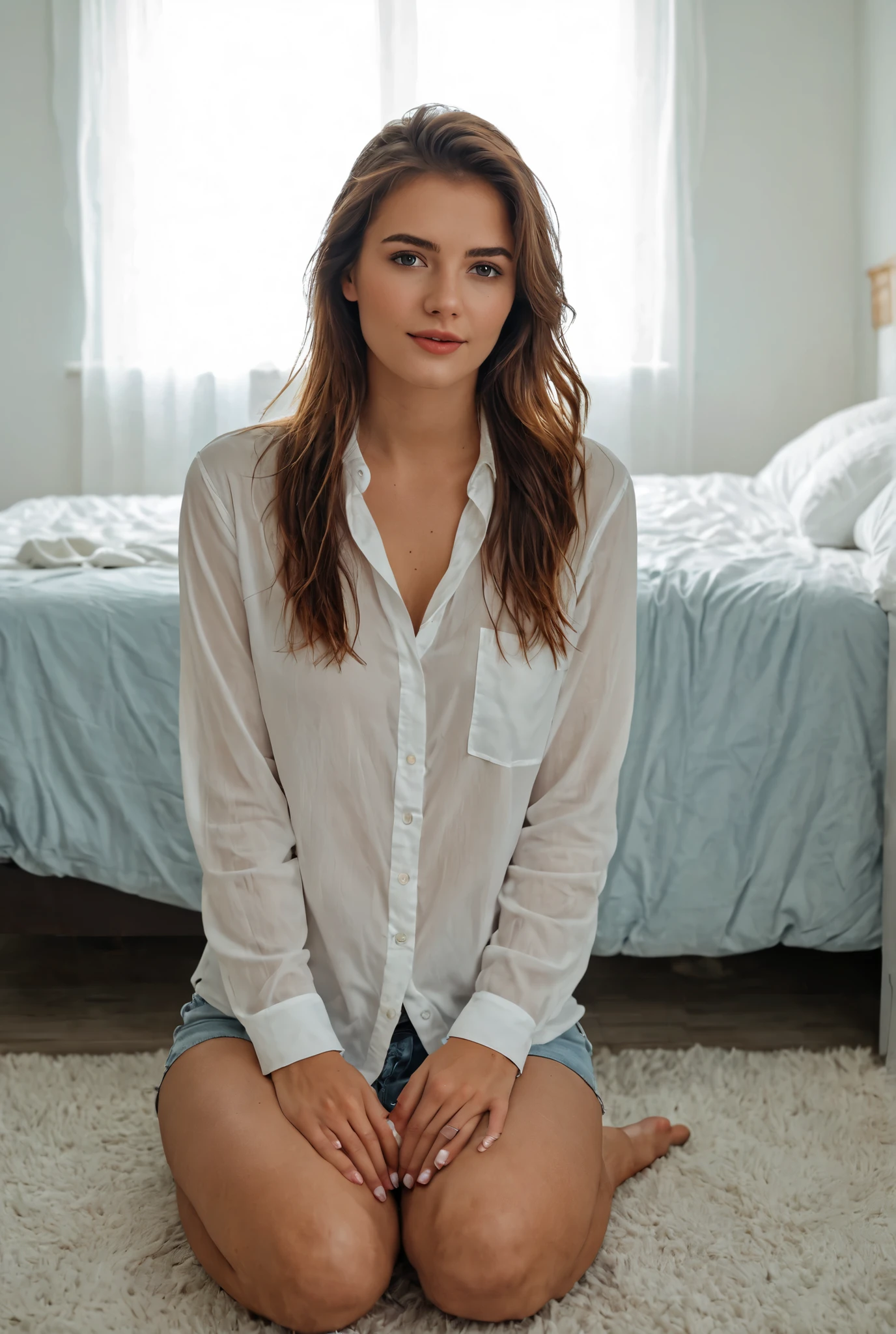 (((hands up))) arafed woman sitting on the floor in a white shirt, sitting on a bed, sitting on the bed, posing in a bedroom, cute young woman, sitting on her bed, seductively looking in front, young and cute girl, gorgeous young model, clothed in white shirt, sexy look at the camera, cute young girl, girl next door innocent loo