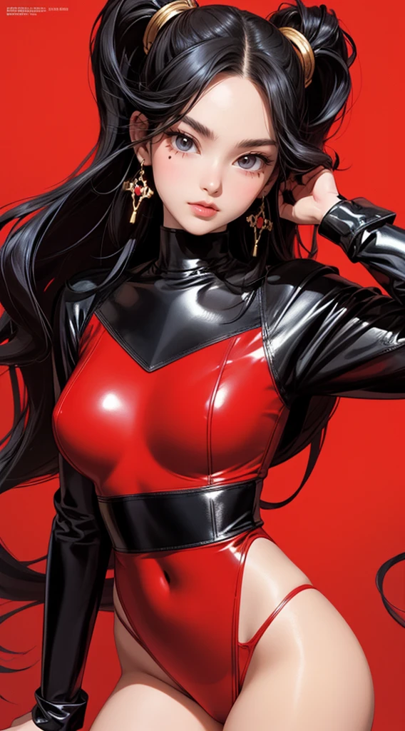 (ultra realistic,32k, masterpiece:1.2),(high detailed skin:1.1), 8k uhd, dslr, high quality,(makeup, mascara:0.9), (thick\lips\),
 <lora:sabrina-nvwls-v1:0.7>frlgsabrina, blunt bangs, very long hair, black bodysuit, red crop top, red sleeves, red skirt, white gloves, black pantyhose, (red eyes:0.9), , <lora:add_detail:0.91>, huge breast, 
(looking at viewer, Bend forward:1.1),
,(dynamic lighting:1.1), blank background
