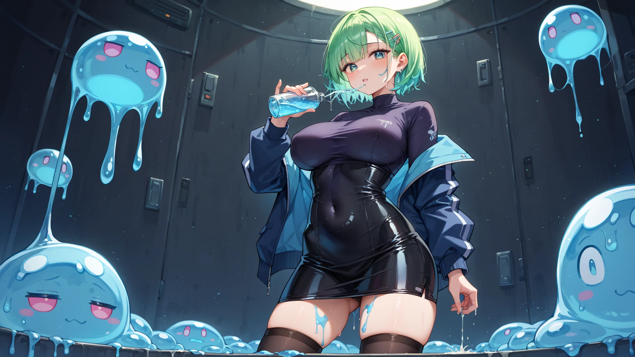 Slime Skin,Luminous translucency,woman,Round Face,solitary,Sporty,Relax,elegant,whole body,(((Show your thighs))),full,Transparent openwork,Deep V,((Short skirt)),Socks,leggings,disheveled,(((Wet clothes))),(((Ultra-thin clothing))),Grin