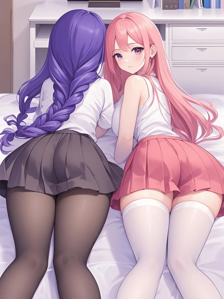 A beautiful young girl from the anime Oshi no Ko universe, 14 years old, she have long wavy pink hair with purple eyes with star in her pupils she wear casual clothes like a sweater too long for her, a skirt and stocking, she is in her bedroom wearing a diaper