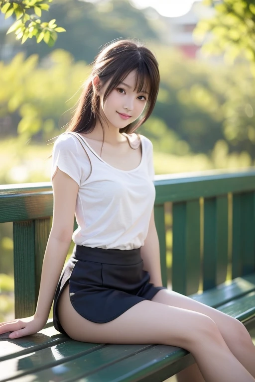 Pure Japanese school girl, sexual attractive, outstanding body, beautiful legs, shiny white skin, wearing loose uniform, panty, natural ponytail, sweet smile, sitting, refreshing in early summer morning, composition from the front,