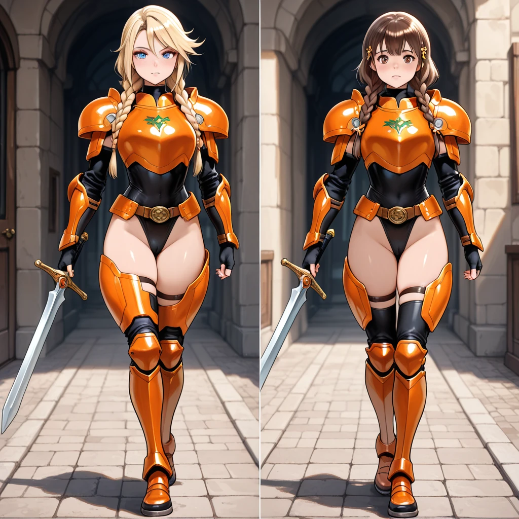 a beauty girl、High school students、Blonde blue-eyed、plump、Muchimuchi、Plump、Fluorescent pink armored soldier cosplay、Fluorescent pink helmet on the head、Fluorescent pink armor on the legs、Fluorescent pink armor looks like it will pop