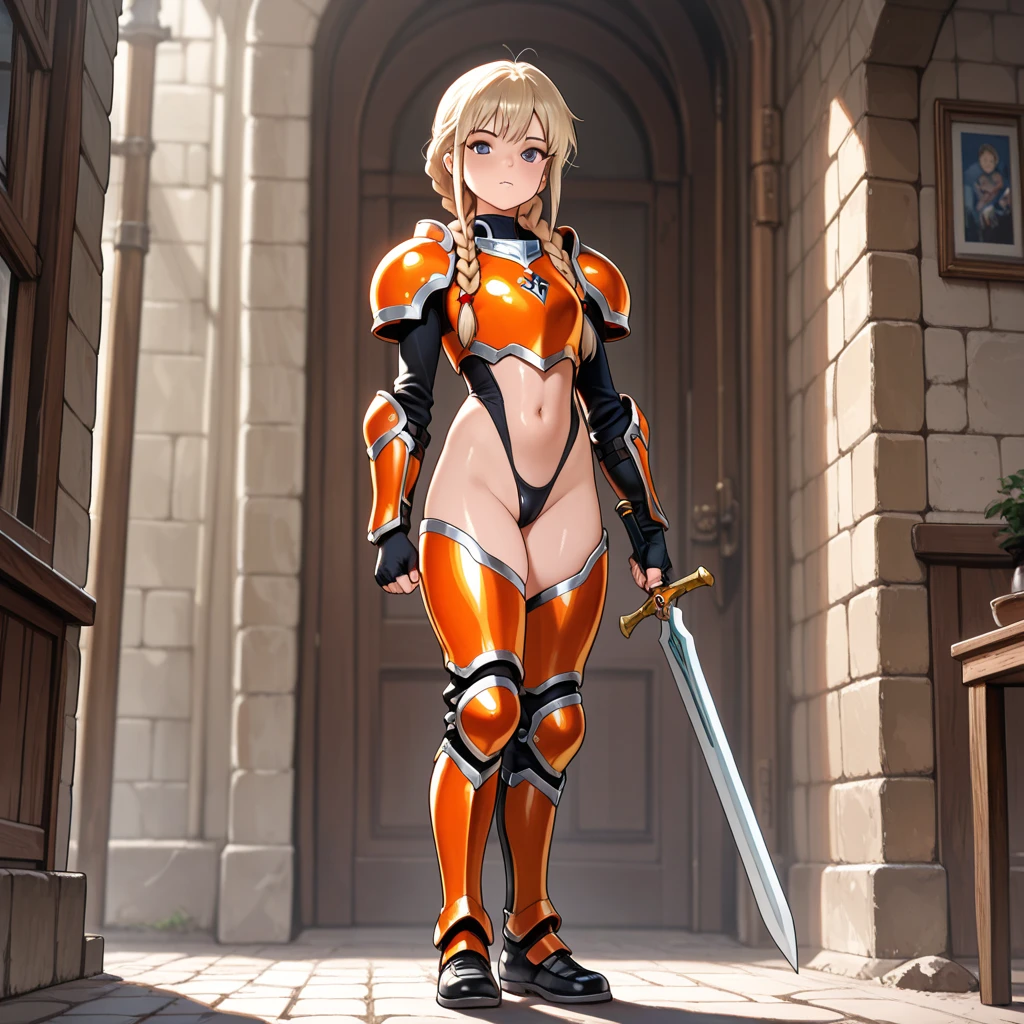 highest quality、cinematic lighting、crimson gladiator woman、Rin々nice face、arena、panties、deep red gladiator costume、full of sweat、dripping sweat、open your legs、(blonde ponytail)、