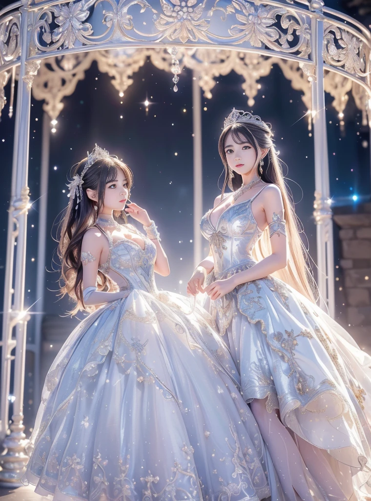 宮殿の床に横たわるtwo ice queens, they are lying on their backs, relaxed pose,( absurdly , high quality , Super detailed,(See photographer )two ice queens,Crystal costume with detailed, beautiful and colorful patterns,ice queen,ice World,fantasy palace of god
