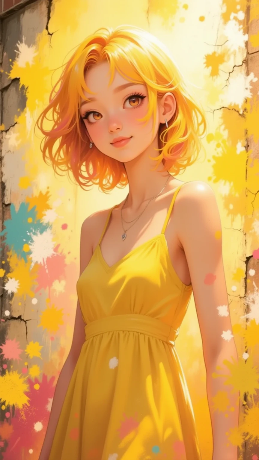((best quality)), ((masterpiece)), (detailed), 1 girl, white woman, big, bright green eyes, freckles on her face, long straight orange hair with red gradient downwards, orange bangs on her forehead, in a pond of water in the middle of nature, cute anime animation style