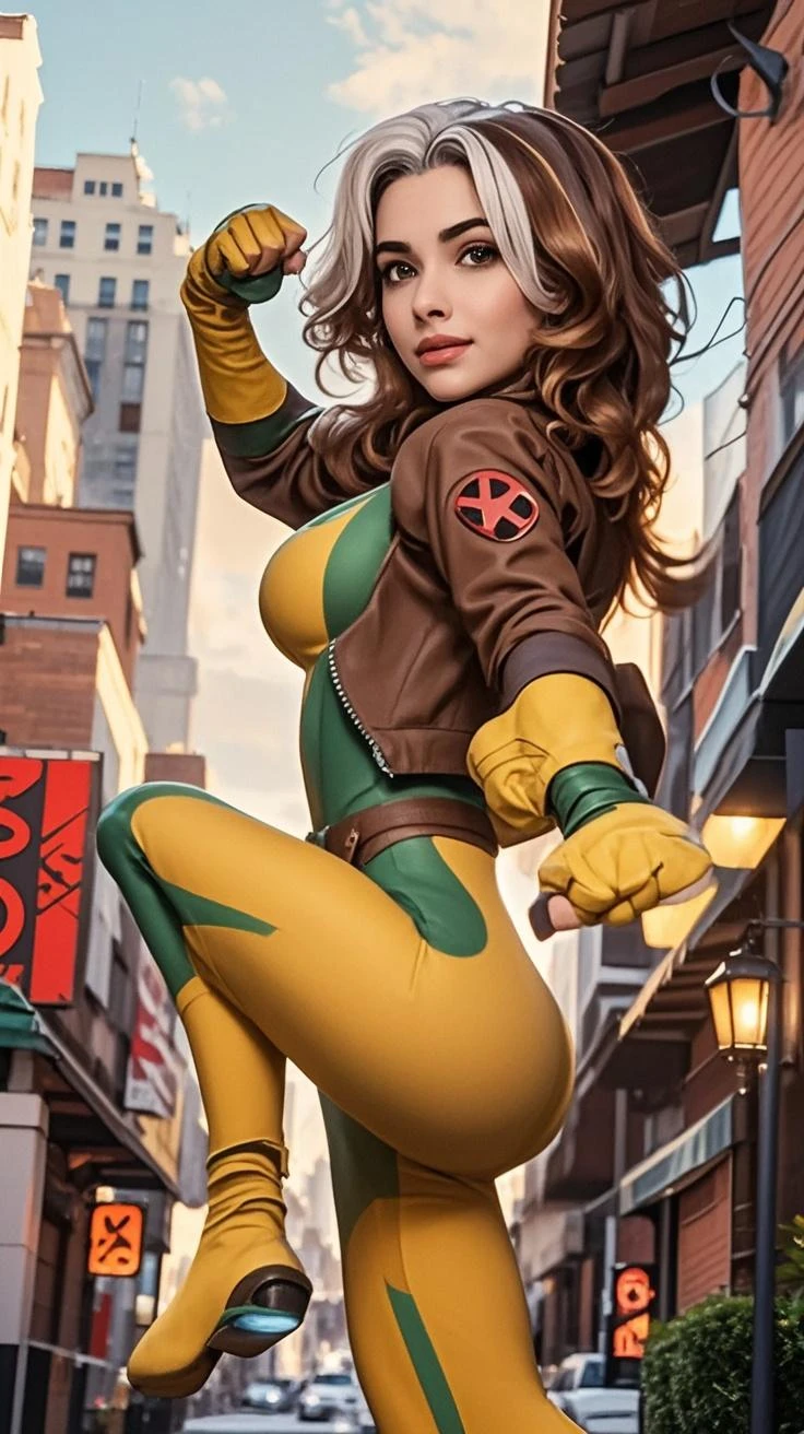 (masterpiece, best quality:1.2), classicrogue, 1girl, solo, long hair, breasts, smile, large breasts, brown hair, green eyes, jacket, big hair, white hair, multicolored hair, parted lips, open clothes, belt, two-tone hair, open jacket, lips, bodysuit, covered navel, makeup, muscular, headband, abs, skin tight, multicolored clothes, muscular female, dyed bangs, multicolored bodysuit, green bodysuit, yellow bodysuit, butterfly, bug, window, sitting, indoors, plant, book, laptop, computer, couch, looking at viewer, closed mouth, blurry, blue butterfly, potted plant, building, expressionless, depth of field, book stack, day