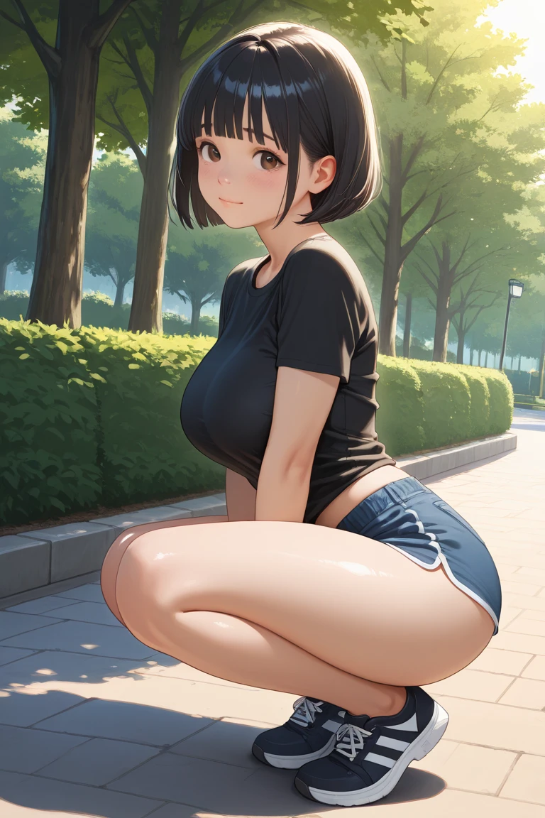 realisticlying、女の子 1 人、A dark-haired、bob cuts、Purple eyes、radiant eyes、(Colossal tits:1.2), White T-shirt, croptop, yoga pant、Shoot from below, Open your crotch wide, arms behind her back