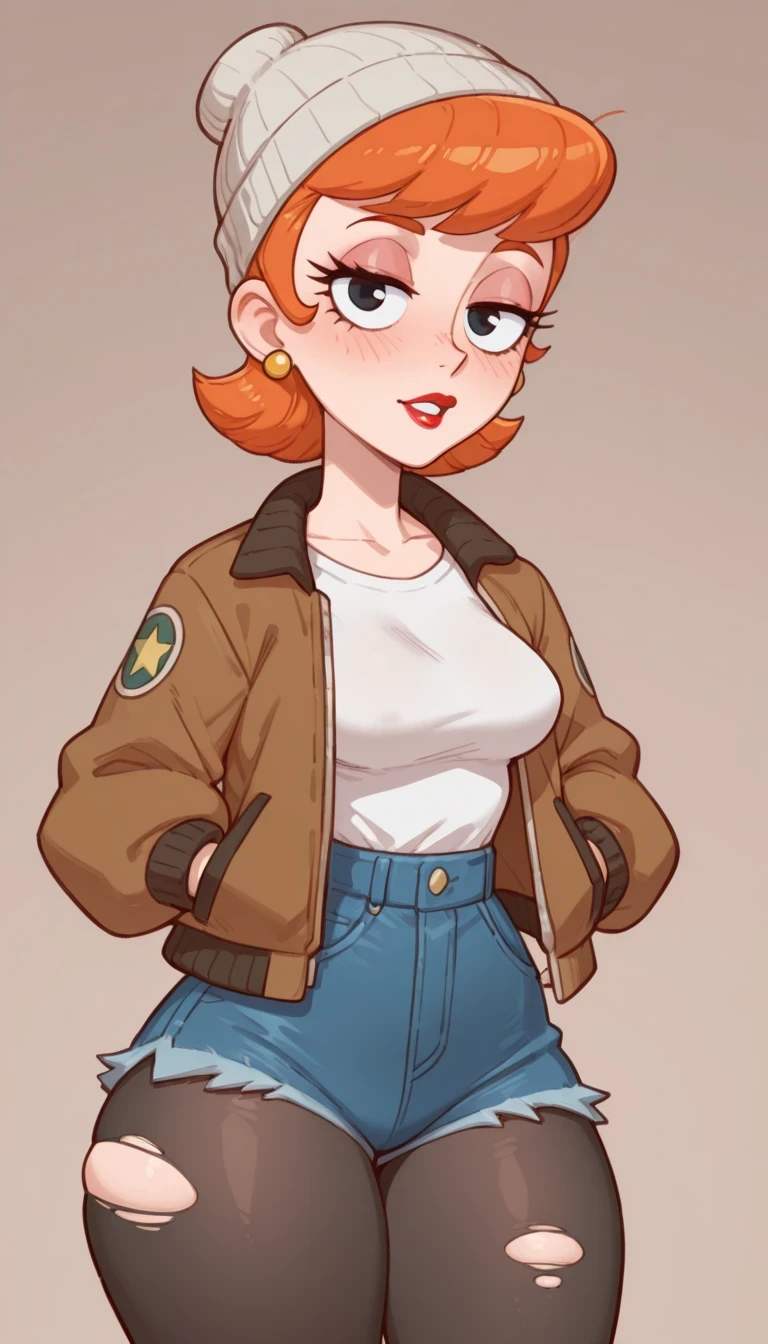 dextersmom, mature female, short hair, slightly curly hair, ginger, black eyes, big eyes, long eyelashes, , rounded , narrow waist, thick thighs, huge , fair skin, thin hands, earrings, makeup, red lips, lipstick.| masterpiece, best quality, absurdres,, 1girl, solo, looking viewer, blush, shirt, bomber jacket, beanie, denim shorts, small shorts, black pantyhose, torn pantyhose, hands in pockets,